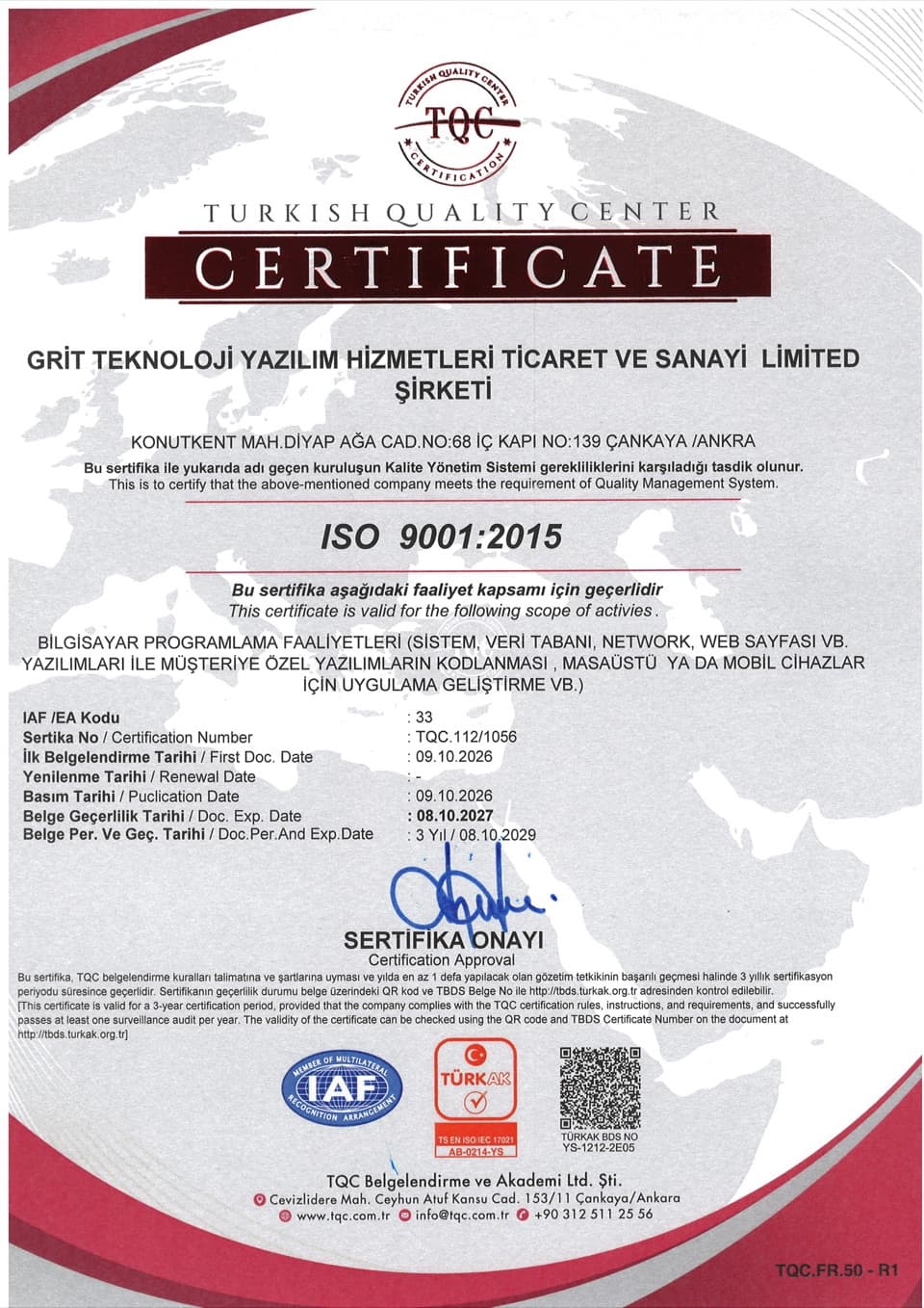 ISO 9001:2015 sertifikası